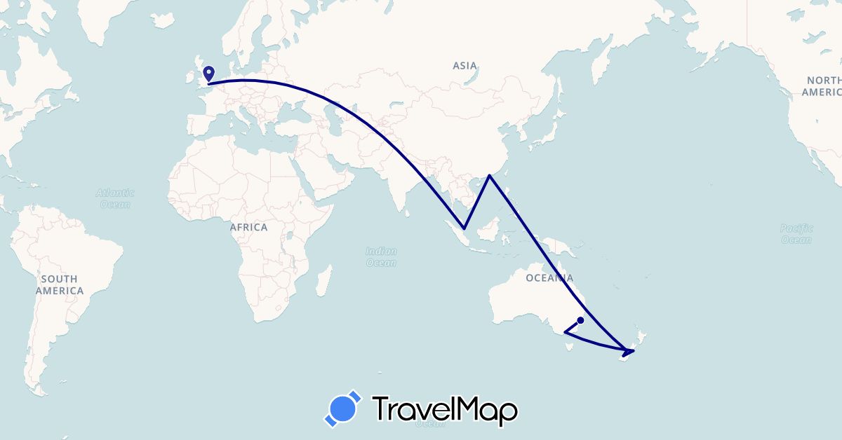 TravelMap itinerary: driving in Australia, United Kingdom, Hong Kong, New Zealand, Singapore (Asia, Europe, Oceania)